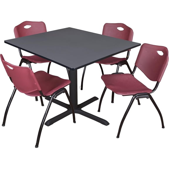HomeStock Nordic Haven 48" Square Breakroom Table- Grey & 4 'M' Stack Chairs- Burgundy, Ideal for Cafeterias, Dining, and Office Spaces
