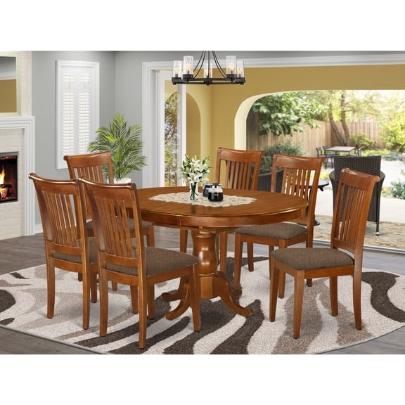 Nordic Dining Table Set 7 Piece - Oval Table with Leaf & 6 Fabric Chairs - Saddle Brown