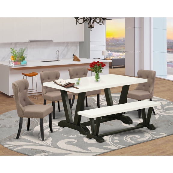 Nordic Haven 6-Piece Dinette Set - Linen Fabric Dining ChairsWooden Bench - Modern Dining Table - Linen WhiteBlack