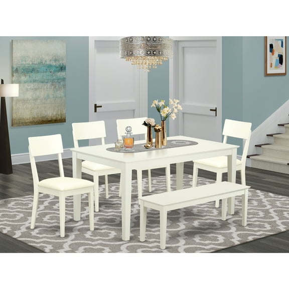 Nordic Kitchen Table Set - 6 Piece Dining Table with Bench & Chairs - Linen White Farmhouse Style