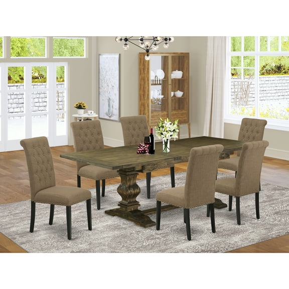 HomeStock Nordic Haven 7-Piece Dining Room Table Set With Chair S Legs And Light Sable Linen Fabric Dining Chairs Set Of Six And Great Table - Black And Distressed Jacobean Finish