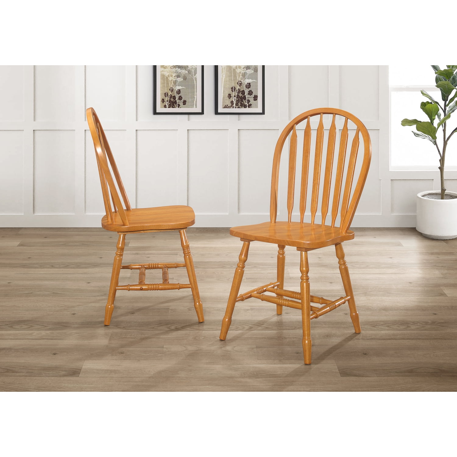 Light Oak High Back Windsor Solid Wood Side Chair Set