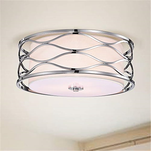 HomeStock Of Timeless Trends 3-Light Chrome Wave Flush Mount Lamp - Elegant Chrome Design with Fabric Drum Shade and Frosted Glass Bottom, Ideal for Enhancing Living Spaces