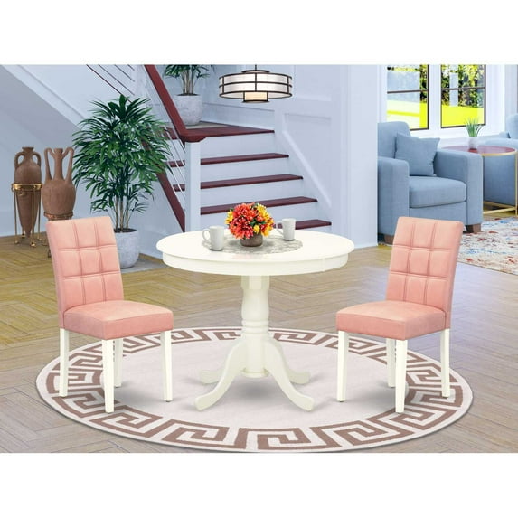 HomeStock Old World Charm 3 Piece Dining Set Contains A Round Kitchen Table With Pedestal And 2 Chairs, Linen White