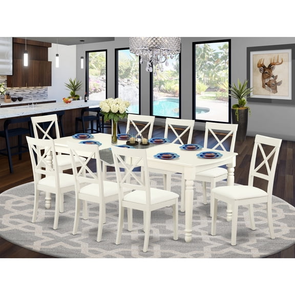HomeStock Old World Charm 9 Pc Dining Table Set-Dining Table And 8 Faux Leather Seat Kitchen Chairs In Linen White