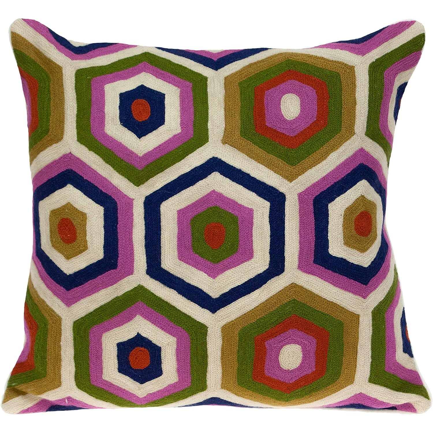 20" Multicolor Geometric Embroidered Cotton Throw Pillow
