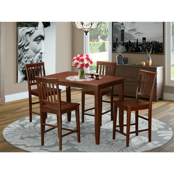 Counter Height Dining Set - 5 Piece Table & Chairs - Rectangle Kitchen Set - Mahogany Finish
