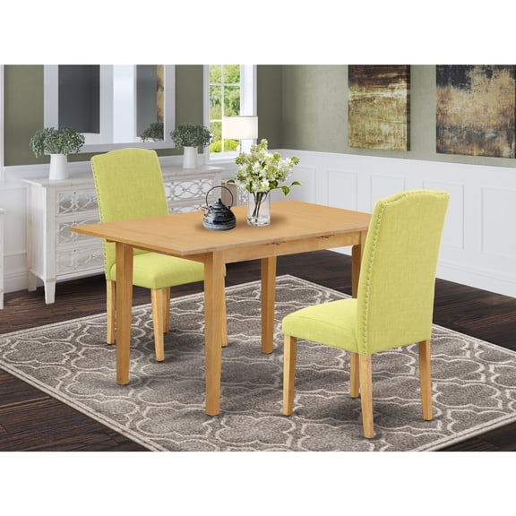 Rectangular Dining Table Set - 3pc Table with Butterfly Leaf & 2 Parsons Chairs - Linen Fabric, Oak Legs