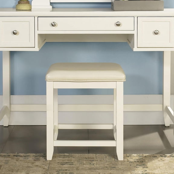 HomeStock Old World Opulence Vanity Stool White Frame/White Linen Seat, 15.75"D x 17.5"W x 19.25"H, Comfortable Stool for Vanity Desk, Upholstered Vanity Stools for Bedroom Vanities