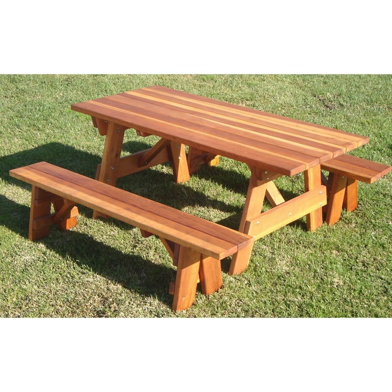 HomeStock Picnic Table Super Deck 30.5 X 54 X 72 100 solid redwood Detached Bench And Square Corner in Teak Wood color