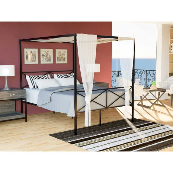 HomeStock Rococo Romance Canopy Platform Bed Frame With Modern Style Headboard And Footboard Metal Frame In Powder Coating Black, Queen