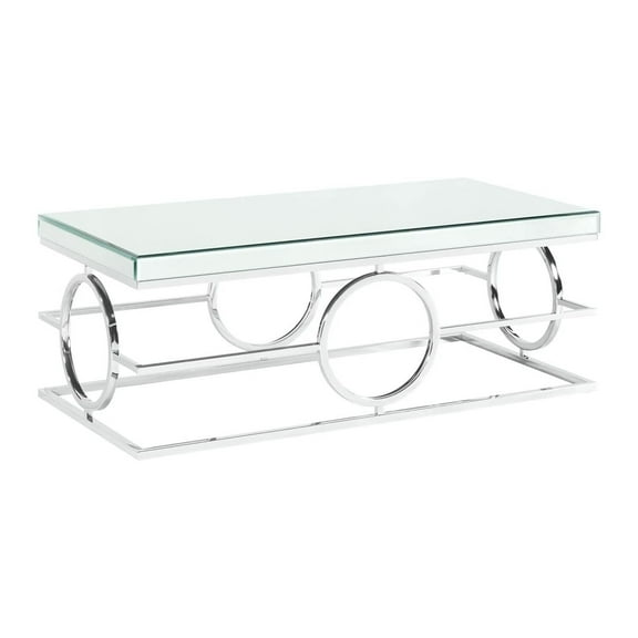 HomeStock Rectangle Mirrored Coffee Table - 27 x 52 x 7 with Circle Designs, Mirror Top and Sides with Metal Frame in Chrome Finish