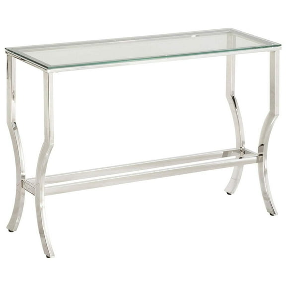 HomeStock Mediterranean Mastery Rectangular Sofa Table W/ Mirrored Shelf Chrome, Rectangular Glass Top Sofa Table, Soft Chrome Finish, Hourglass Legs, Mirrored Storage Shelves, 30"H x 43.5"W x 13.75"D