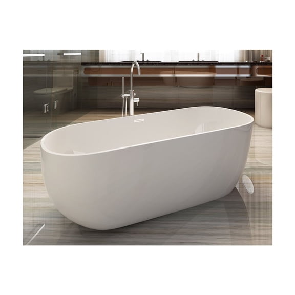 HomeStock Renaissance 59" White Oval Acrylic Free-Standing Soaking Bathtub - Elegant Design, Deep Soak, Requires Floor or Wall-Mounted Filler, Polished Chrome Overflow