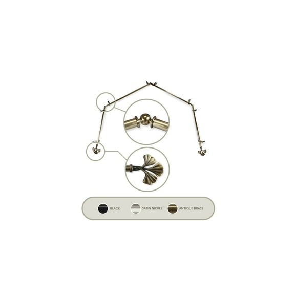 Adjustable Curtain Rods & Hardware Set - Telescoping Bay Window Rod with Finials - Antique Brass Finish