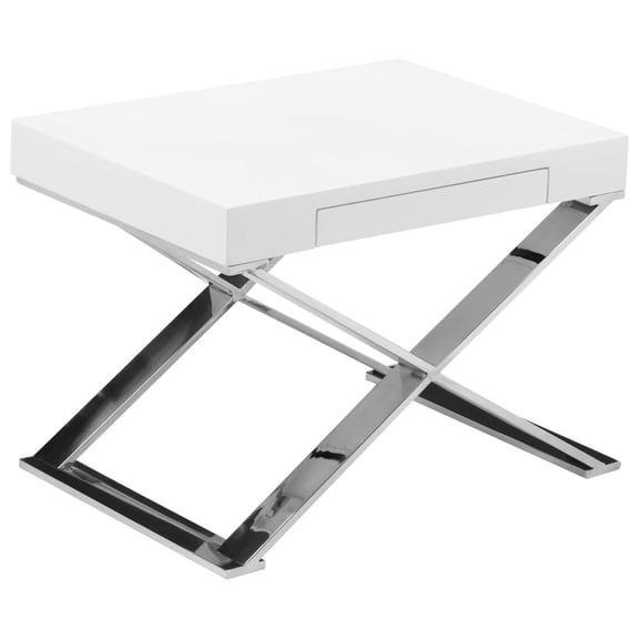 HomeStock Renaissance Refinement 21 Inch Rectangular White Lacquer End Table with High Gloss Drawer and Polished X Shape Steel Legs