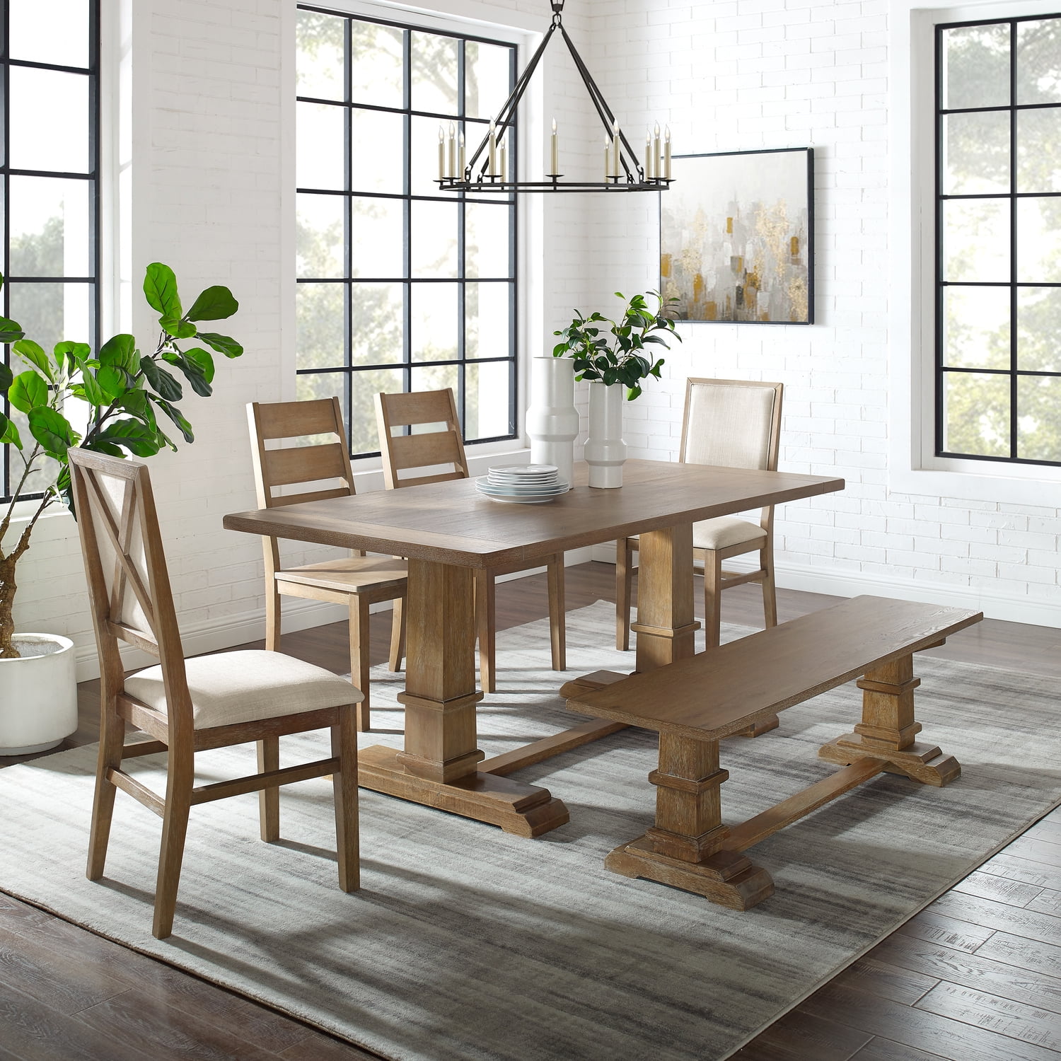 Farmhouse Dining Set - 6 Piece Table, Bench & Chairs - Rustic Brown Kitchen Set - Walmart.com