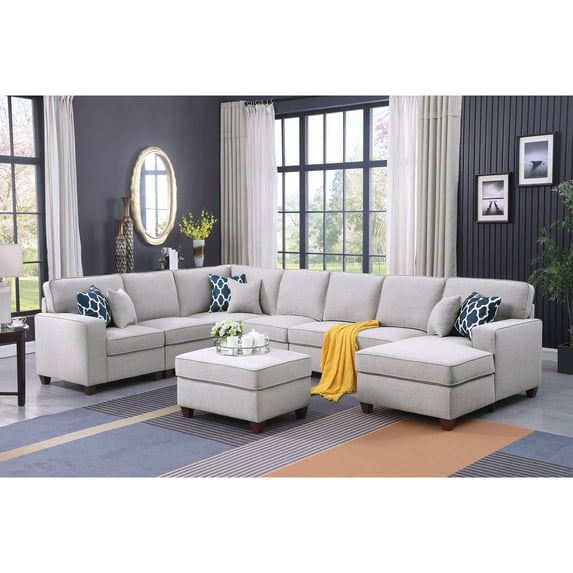 Southwestern Sensibilities Upholstered Modern Linen Blend Fabric Sectional Sofa Set - Living Room Sectional Sofa with Ottoman, Living Room Sectional Couch