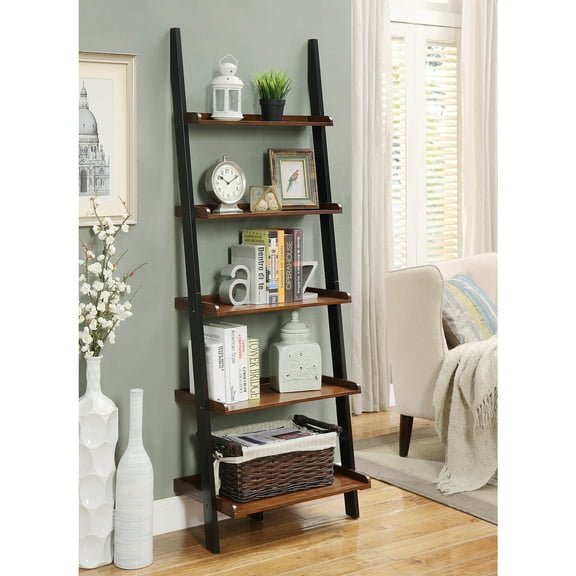Homestock Renaissance Refinement Bookshelf Ladder, Dark Walnut/Black, 5-Tier Shelving Unit For Display Or Storage, Crafted From Solid Pine, Birch Veneer, And Mdf