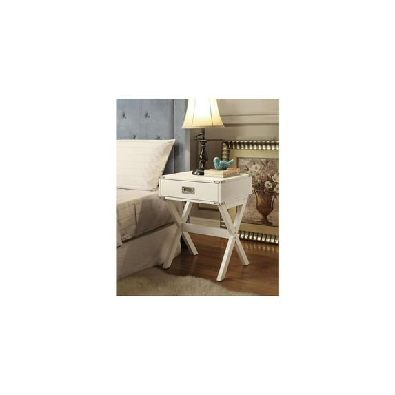 HomeStock Renaissance Refinement End Table - White, 18" L x 15.7" W x 24" H, Stylish Design with Metal Corner Strapping & Flush Mount Drawer Pull