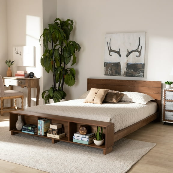 Full Size Storage Bed with Shelves - Modern Rustic Platform Bed Frame, Ash Walnut Finish