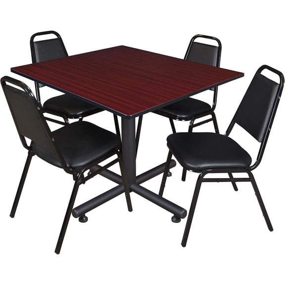 HomeStock Renaissance Revival 48" 48" Square Breakroom Table- Mahogany & 4 Restaurant Stack Chairs- Black, Ideal for Cafeterias, Dining, and Office Spaces