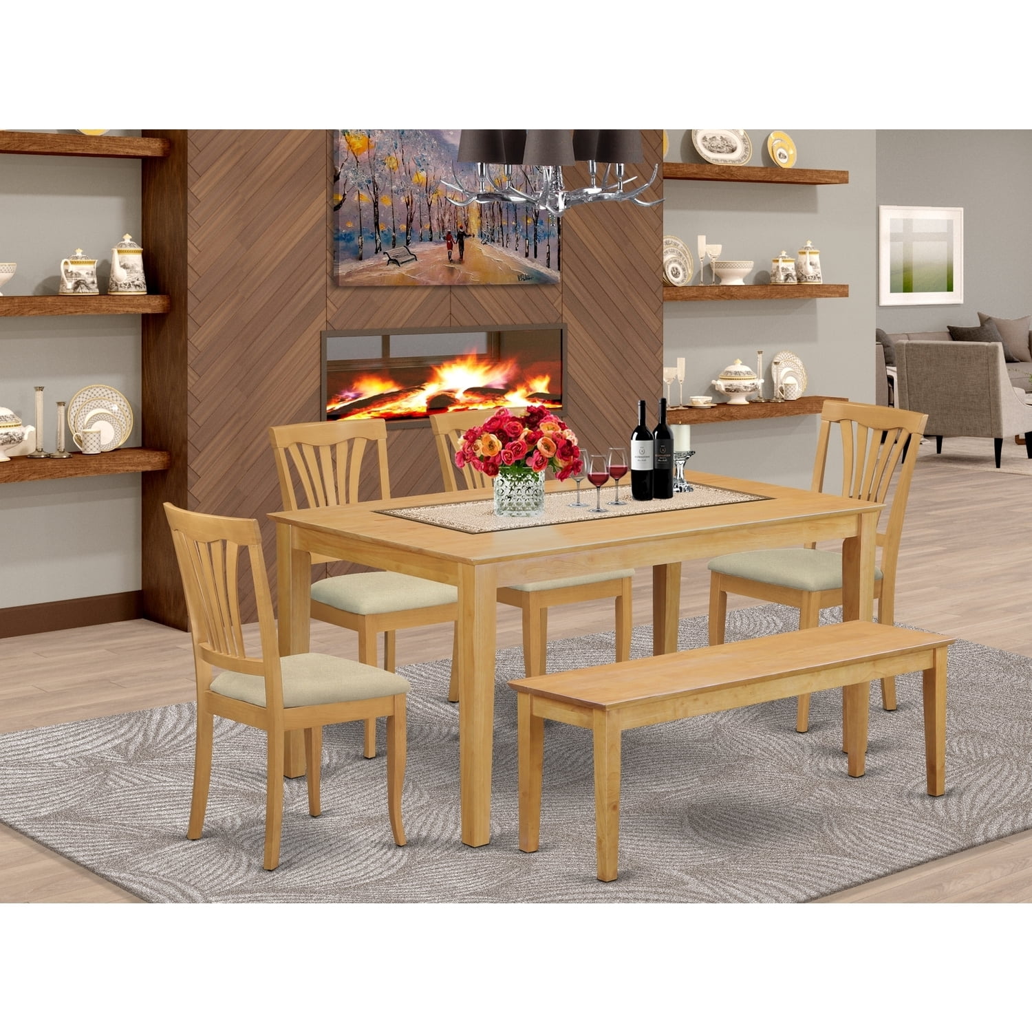 Dining Room Set 6 Piece Table & Chairs Bench - Oak Finish Kitchen Set ...