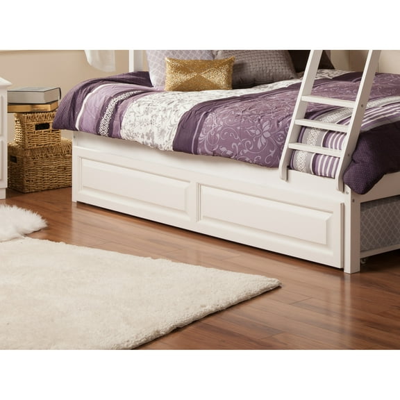Twin Trundle Bed - Renaissance Panel Design, Smooth Rollers, Under Bed Storage, White Finish