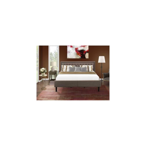 HomeStock Renaissance Rhapsody 2 Piece King Bedroom Set 1 Bed Frame Brown Linen Fabric Padded and Button Tufted Headboard 1 Mid Century Nightstand with Wood Drawer Black Finish Legs
