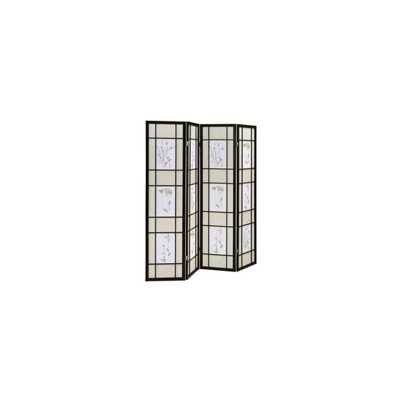HomeStock Renaissance Rhapsody 70.25" 4 Panel Wooden Screen with Floral Print and Window Pane Design Featuring Durable Hinged Folding Frame