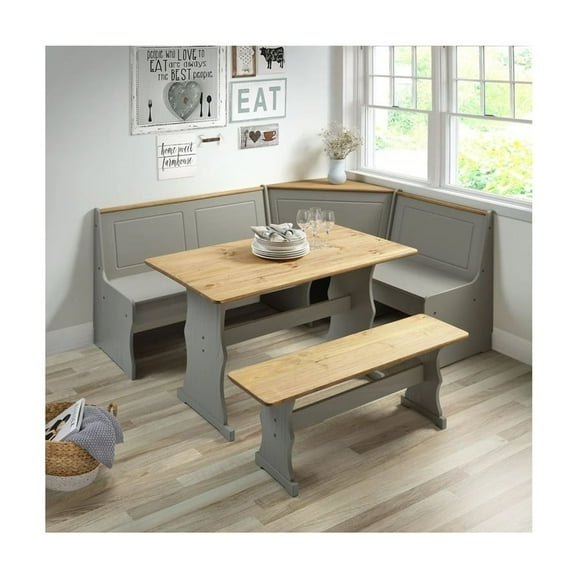 Gray Corner Dining Booth - Solid Pine Table & Benches - Seats 5 - Wash Finish/Brown Tops