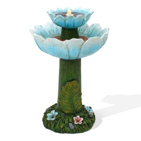 HomeStock Renaissance Rhapsody Solar Powered Blue Flower 2-Tier Resin Birdbath Fountain with Lights, Blue Finish, 18.3 In. W X 28.3 In. H X 18.3 In. D, Resin Construction, Versatile Birdbath Fountain