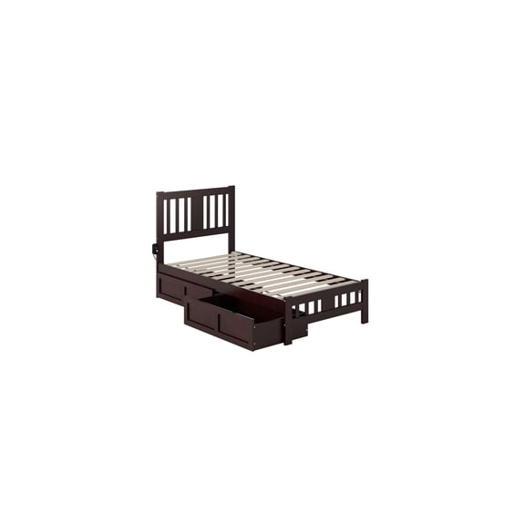 HomeStock Renaissance Rhapsody Twin Bed with Footboard and 2 Drawers in Espresso, Solid Wood with Classic Headboard, Includes Turbo Charger, No Foundation Needed