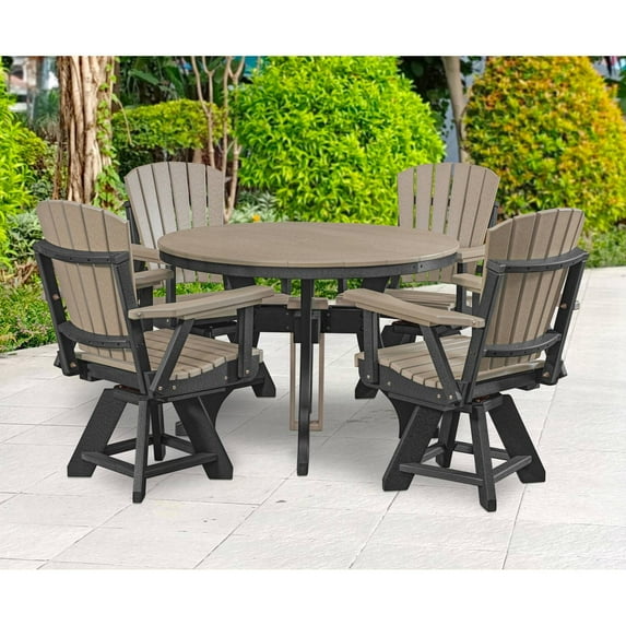 HomeStock Renaissance Romance 5-Piece Round Dining Set in Weatherwood with Black Base, Featuring 22"x18.5" Slatted Seats and Durable HDPE UV-Resistant Construction