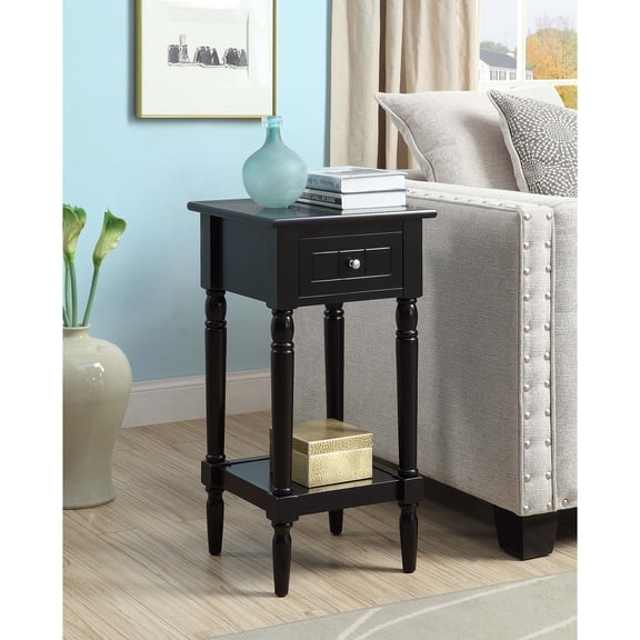HomeStock Handcrafted Haven 1 Drawer Square Accent Table with Shelf, Low Profile Table, Glossy Wood Finish, 14"L x 14"W x 28"H, 30 Lb. Capacity-Color:Black