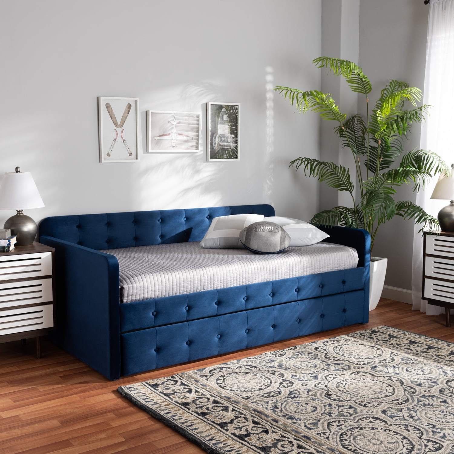 Navy Blue Velvet Upholstered Twin Daybed with Trundle