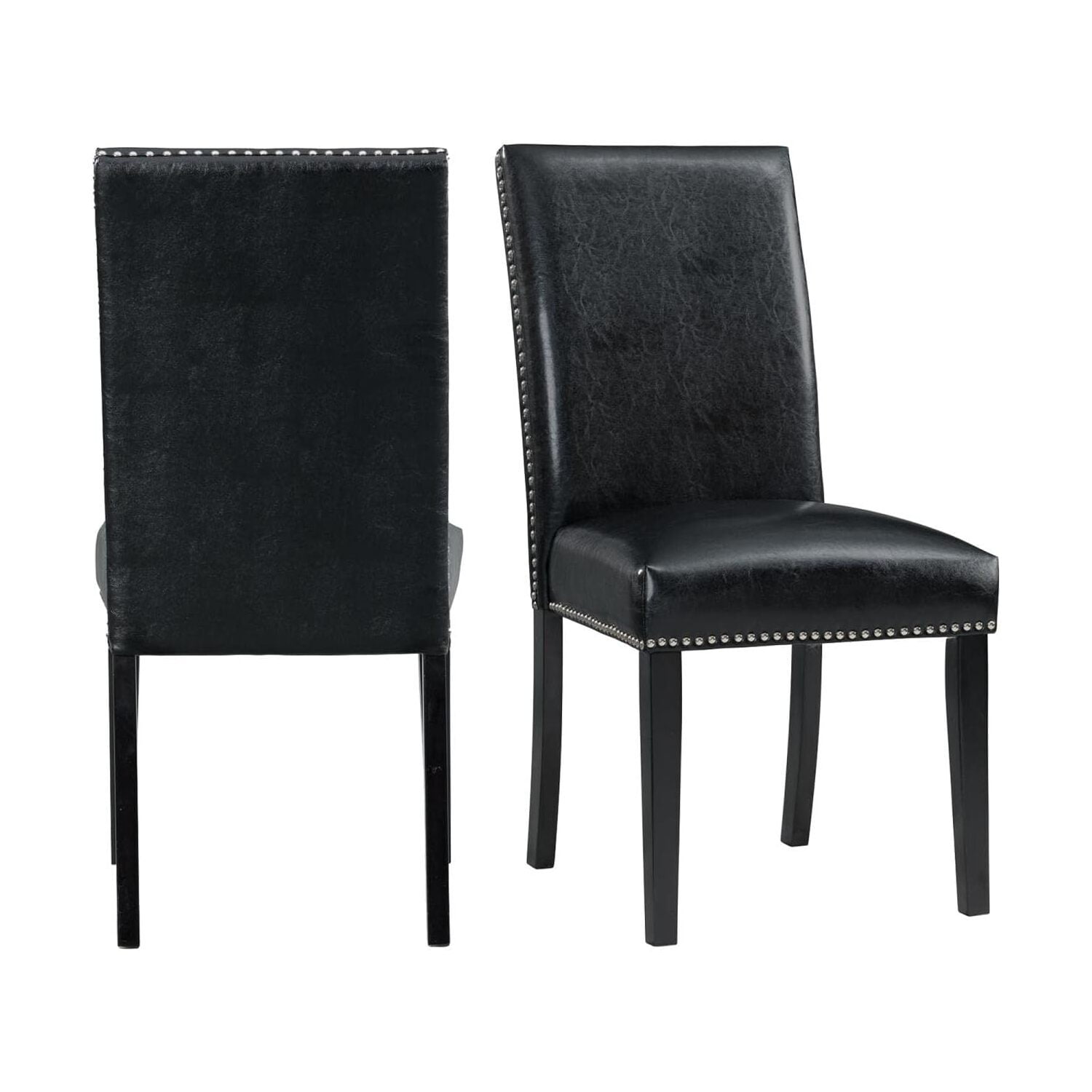Transitional Black Faux Leather Upholstered Side Chair Set with Chrome Accents