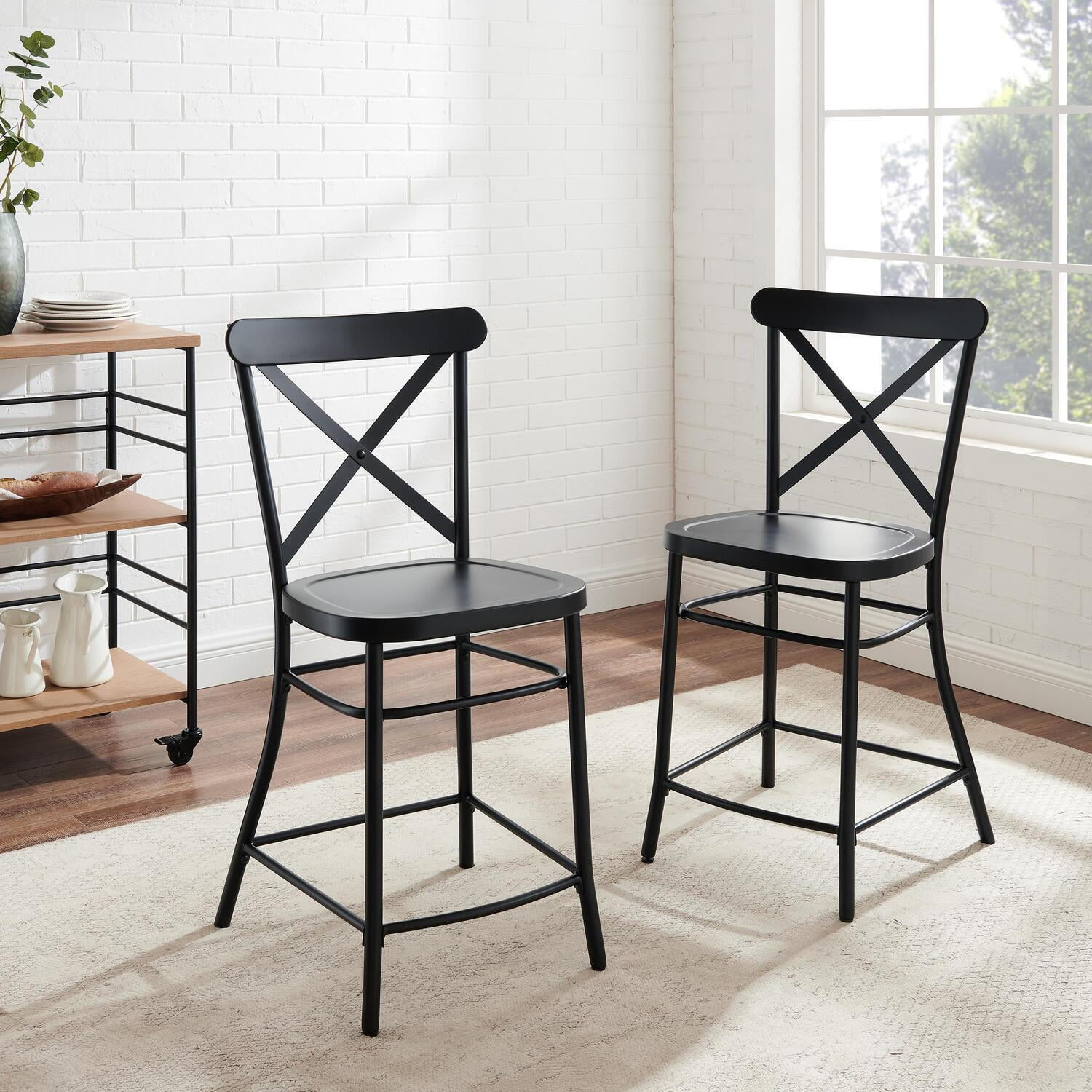 French Industrial Revival Matte Black Steel Counter Stools, Set of 2