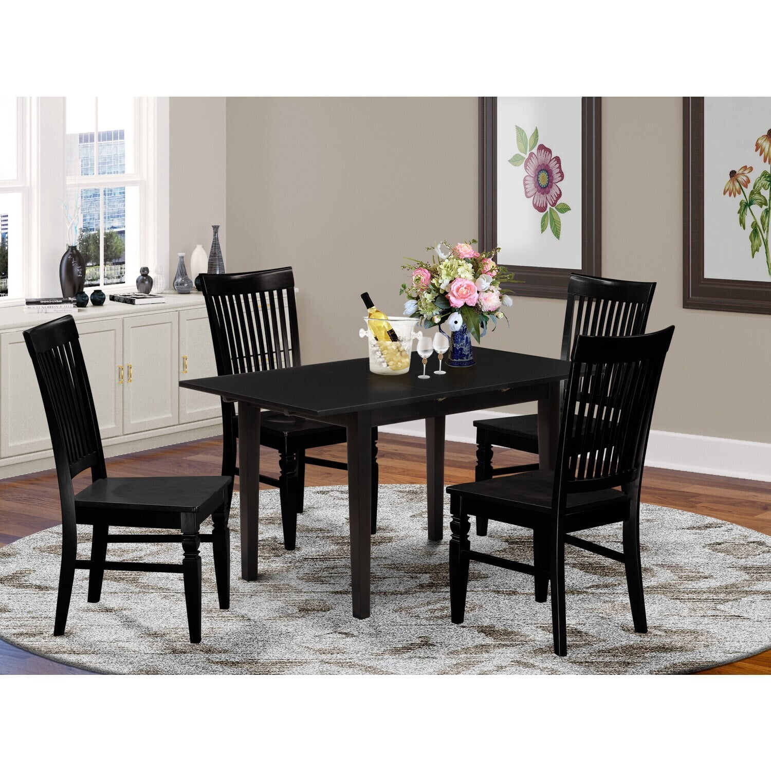 Retro 5-Piece Kitchen Dining Set - Wood Table & 4 Chairs - Black Finish ...