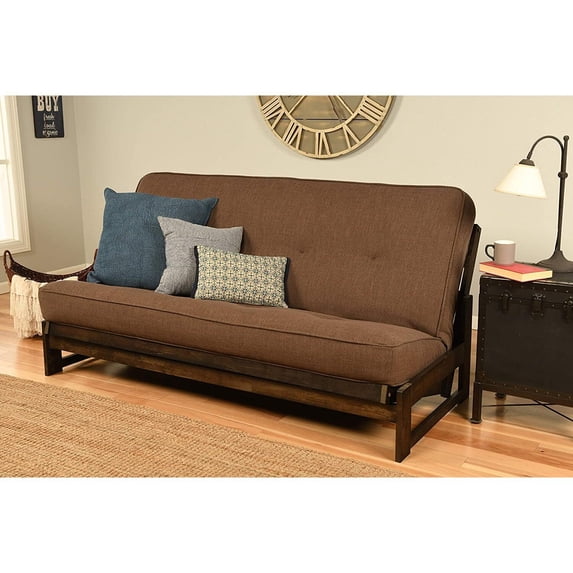 Futon Frame Full Size - Hardwood Sofa Bed - Cocoa Linen Mattress Included