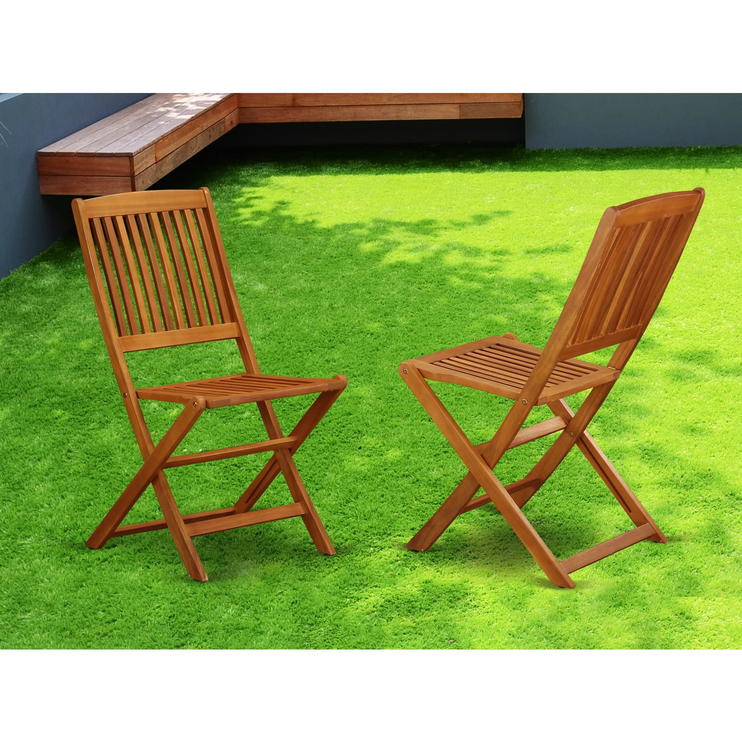 Natural Oil Acacia Wood Foldable Patio Dining Chairs, Set of 2
