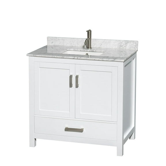 HomeStock Retro Renaissance 36 Inch Single Bathroom Vanity in White, White Carrara Marble Countertop, Undermount Square Sink, and No Mirror
