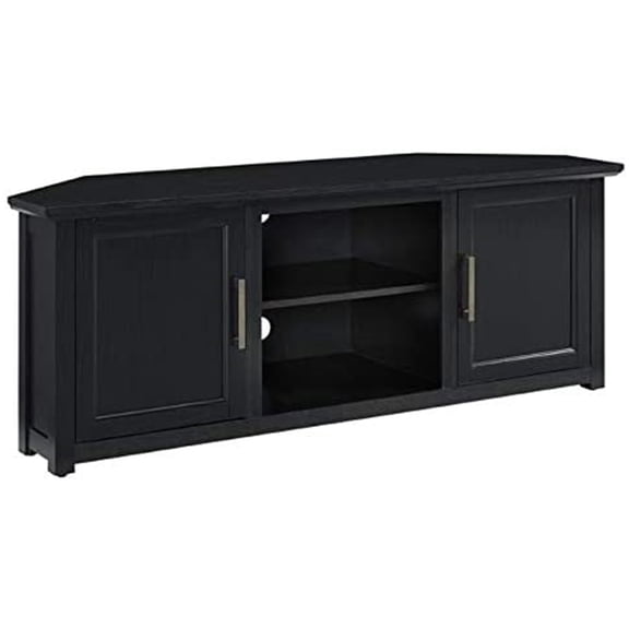 HomeStock Retro Renaissance 58" Corner Tv Stand Black, Adjustable and Removable Shelves, Handles in Antique Brass Finish - 22"H x 58"L x 20"D