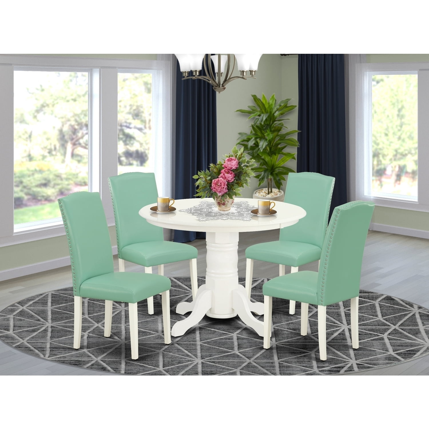 Retro Dining Set - 5 Piece Table & Chair Set - Linen White Legs - PU ...