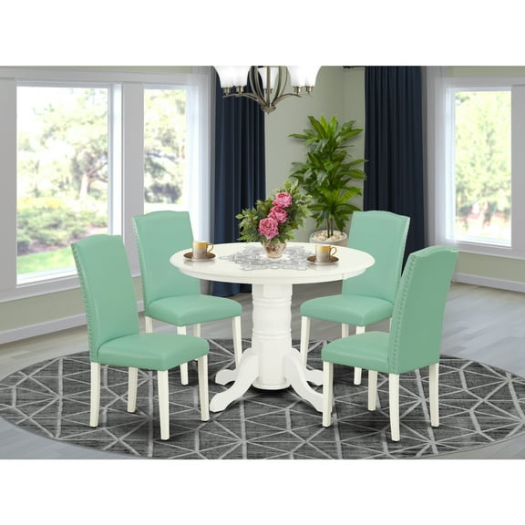 Retro Dining Set - 5 Piece Table & Chair Set - Linen White Legs - PU Leather Accents - Chic Dining Room Furniture