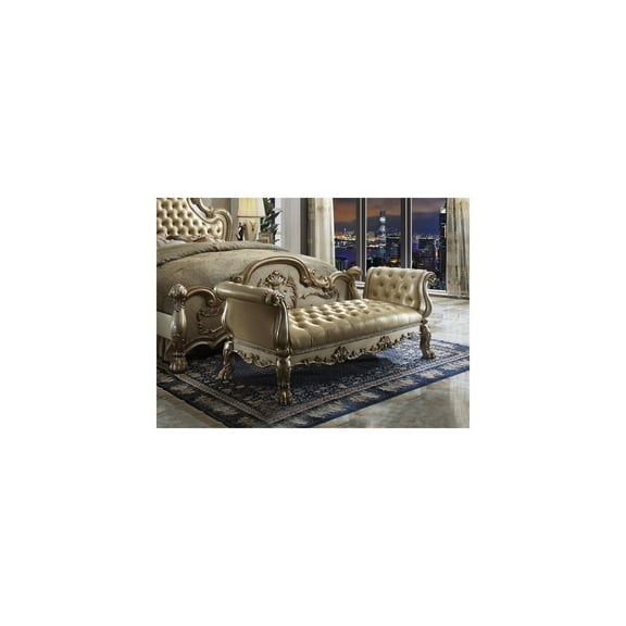 HomeStock Retro Revival Bench, Bone PU & Gold - Elegant Upholstered Bench with Button Tufting, Perfect for Adding Style to Any Room - 78"x28"x29"