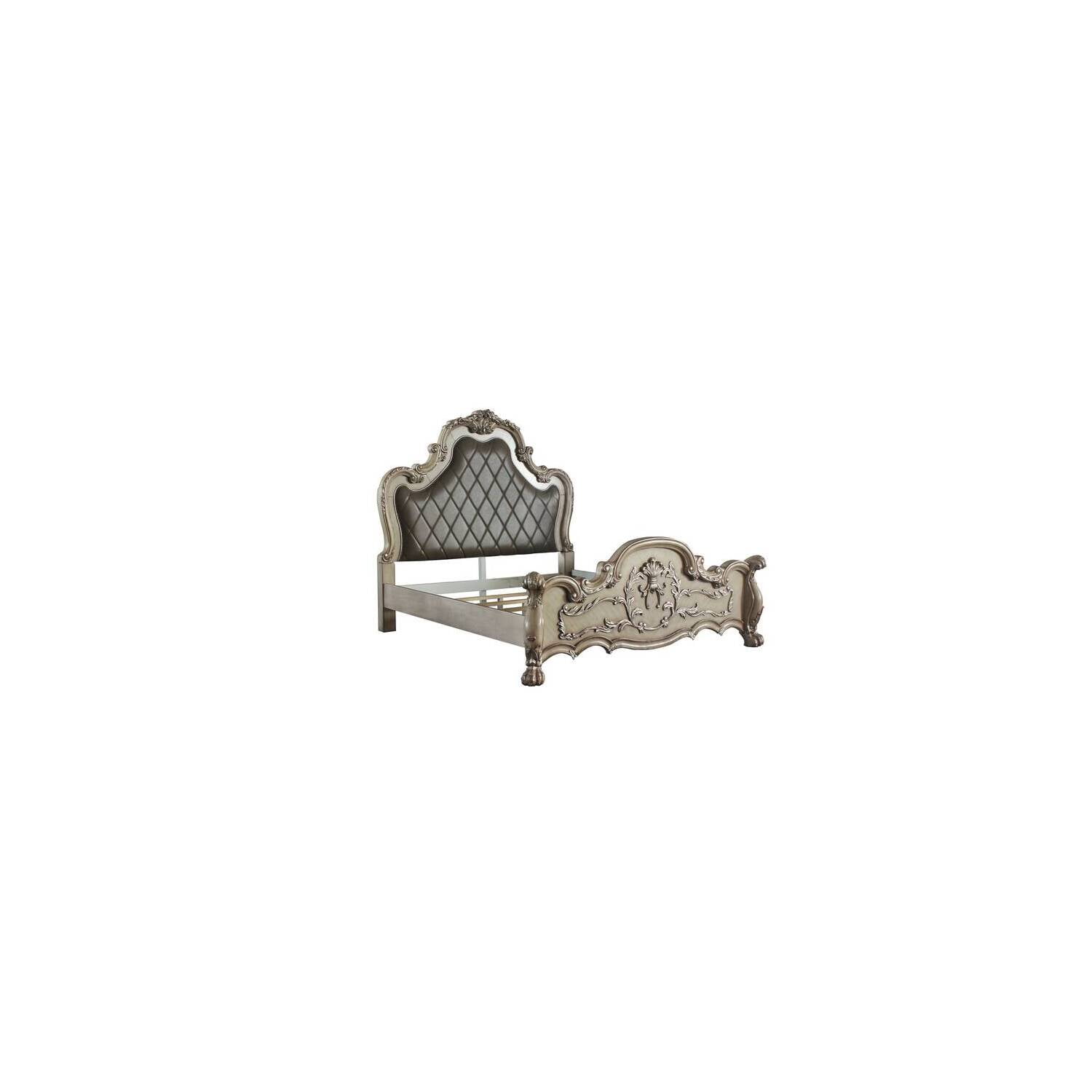 Vintage Bone White California King Bed with Tufted Faux Leather Headboard
