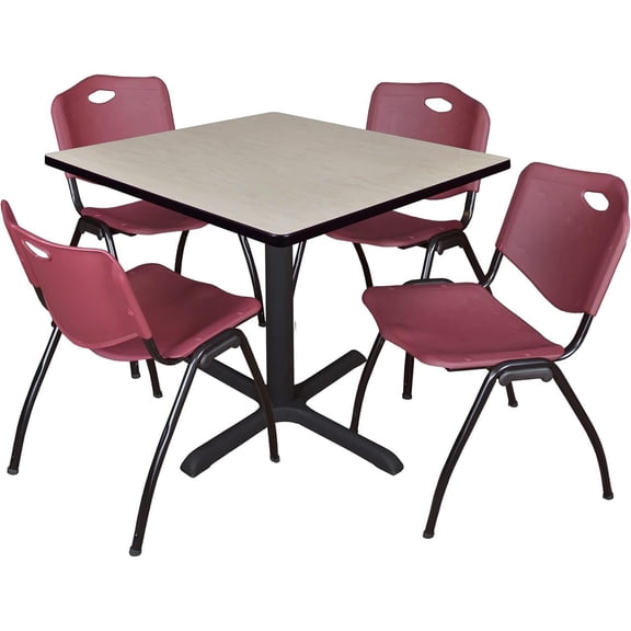 HomeStock Rococo Radiance 42" Square Breakroom Table- Maple & 4 'M' Stack Chairs- Burgundy, Ideal for Cafeterias, Dining, and Office Spaces
