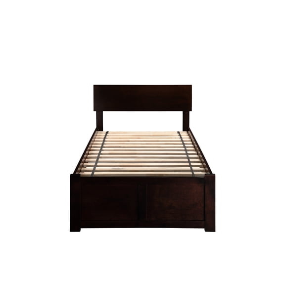 HomeStock Rococo Radiance Full Platform Bed - Flat Panel Footboard and Turbo Charger with Twin Size Trundle in Walnut Finish, Ideal for Elegant and Functional Bedrooms