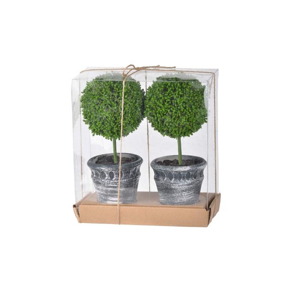 HomeStock Rococo Radiance Mini Faux Topi in Black Pot Set of Two 4" D x 8" W x 9.5" H Elegant Boxwood Look with Lush Green Color, Ideal for Indoor Decor, No Assembly Required